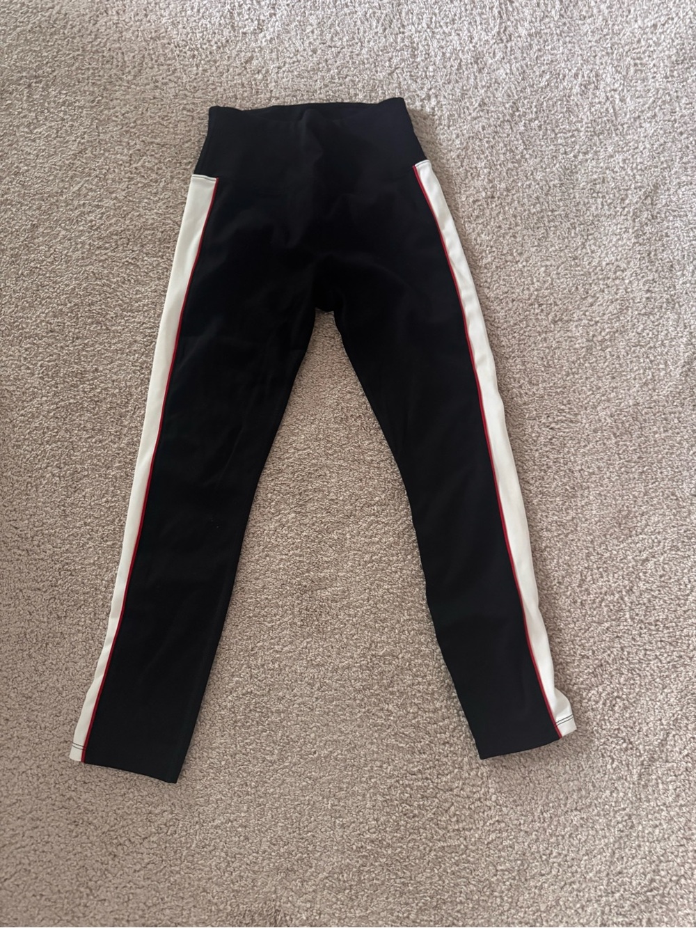 Black Yoga Leggings with White Side Stripe and Red Piping
